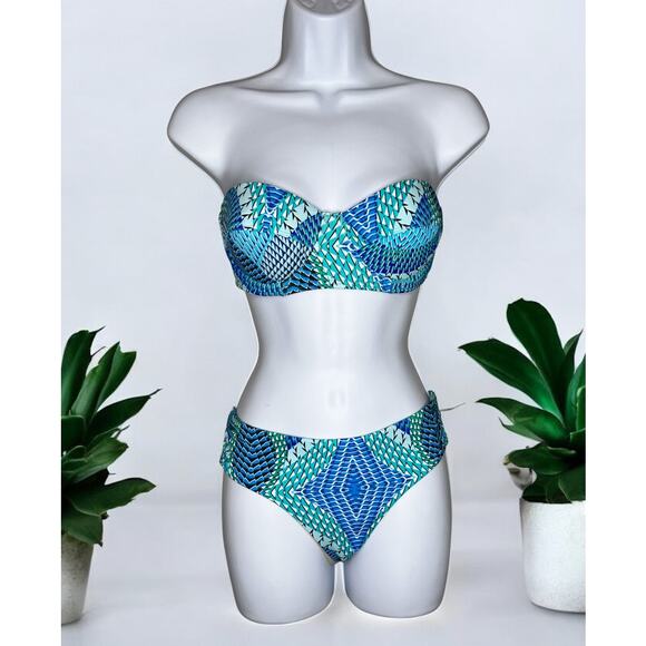 Echo Other - Echo Geometric Strapless Bikini Top & Bikini Bottom Set Blue Women's Size M NWT